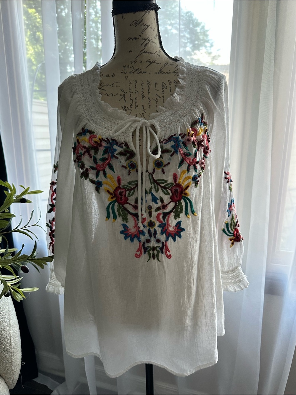 Sundance White Embroidered Peasant Blouse with Multicolor Floral Detail - Picture 2 of 10